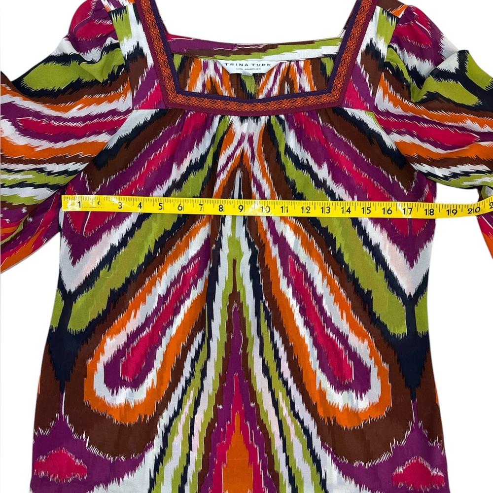 Women Silk Trina Turk butterfly puff sleeves top in multi-color 100% silk Size M - Picture 3 of 9